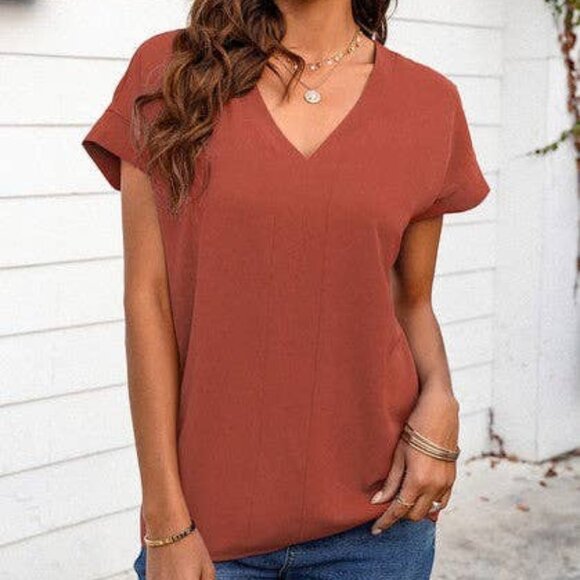 NWT V‑Neck Short Bat Sleeve Loose Top Rust Casual Women’s Blouse Small - Picture 3 of 3